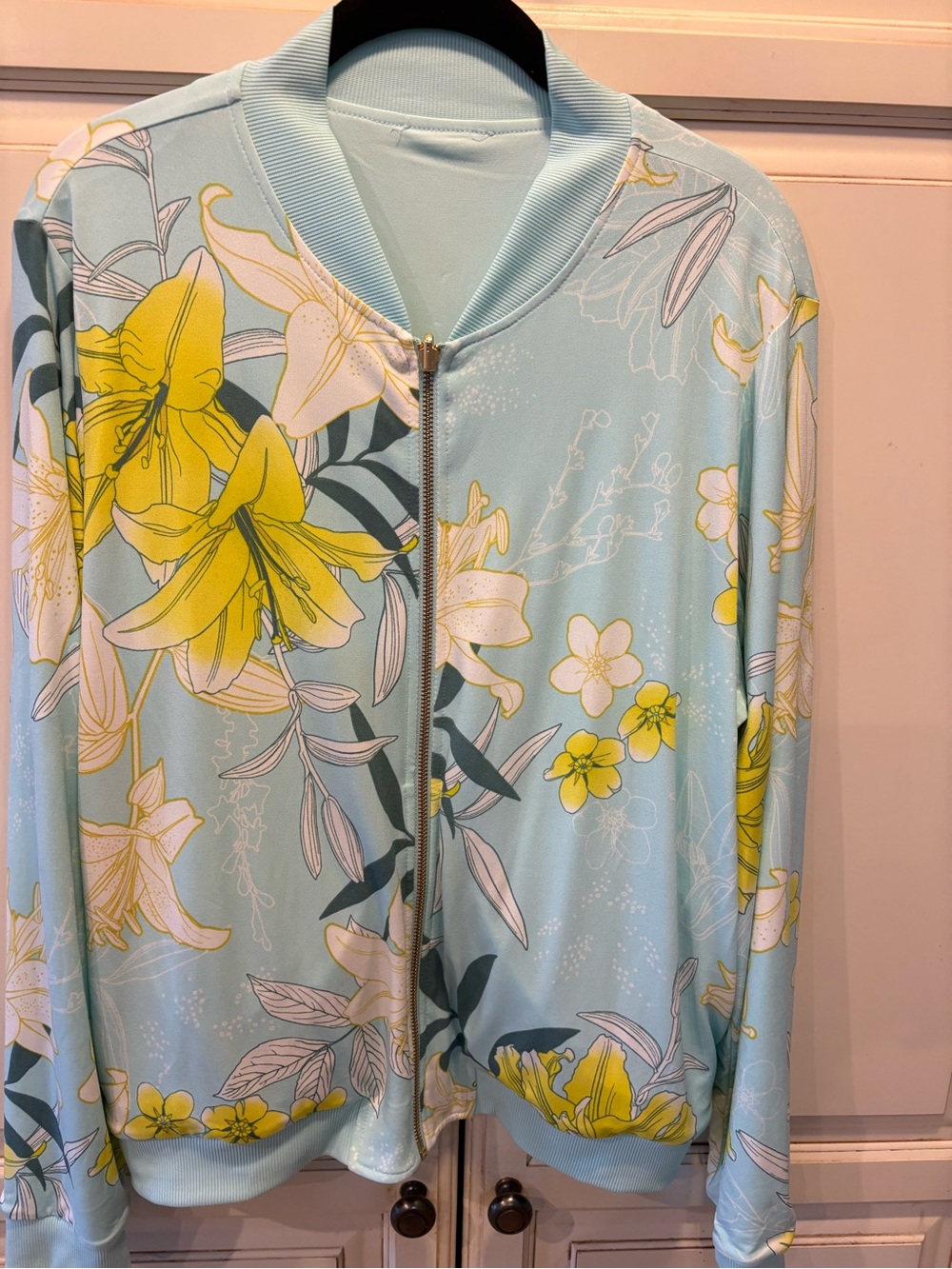 Iman Floral Jacket Large Zip-Front Light Blue Yellow Jacket Reversible
